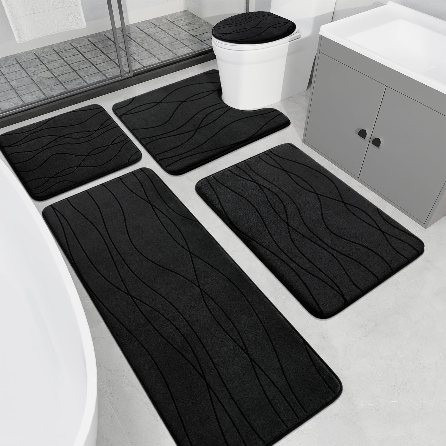 YIHOUSE Memory Foam Grey Bathroom Rug Sets 5 Piece, Ultra Absorbent Bath Mat for Bathroom - Non-Slip Machine Washable & Dry Quickly, 5 Piece Bathroom Mat Set, Dark Grey