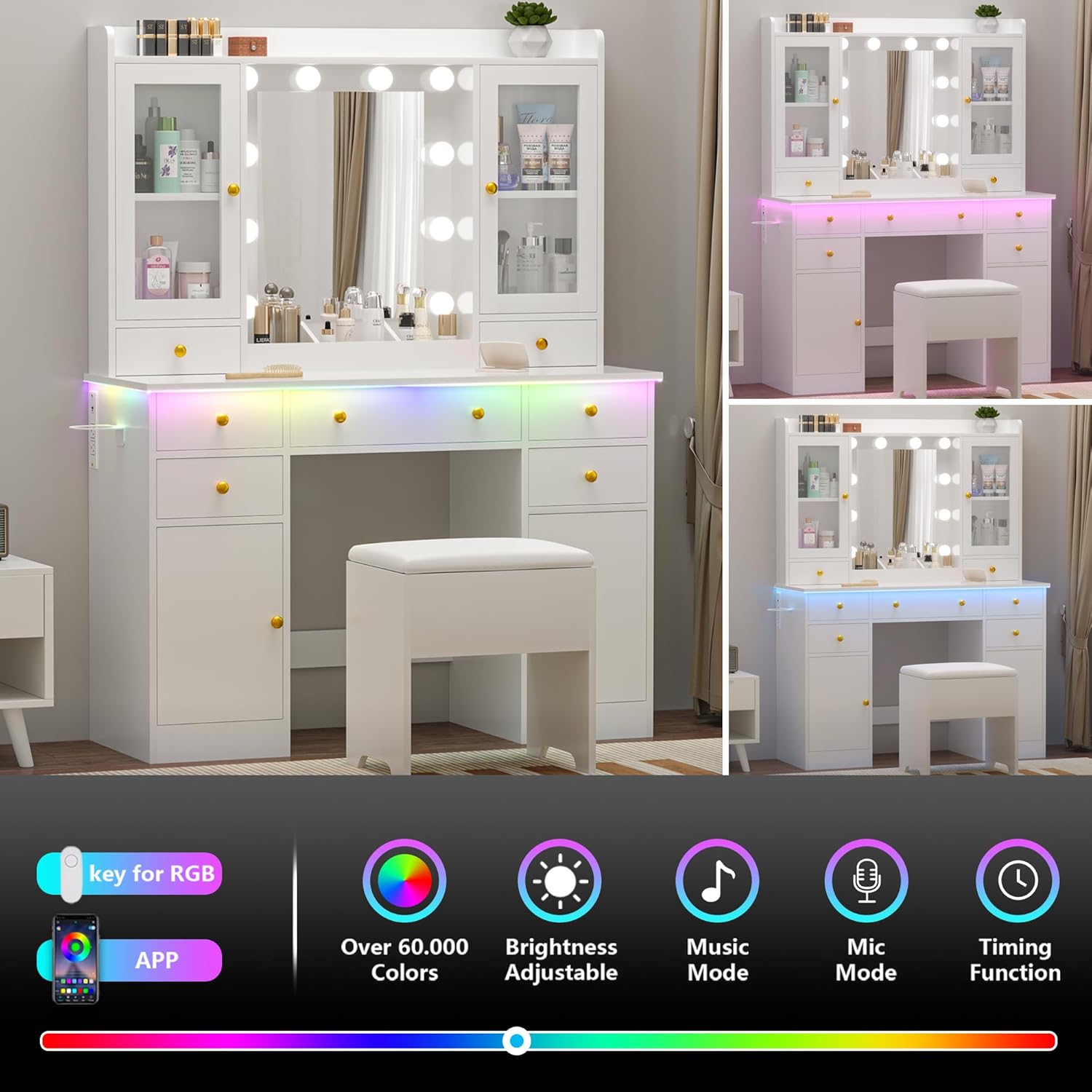 Vanity Desk with Mirror and Lights, 43" White Makeup Vanity Set with 5 Drawers & Glass Cabinets, Storage Stool, Power Outlet & Adjustable LED Lights, Dressing Table for Women & Girls Bedroom