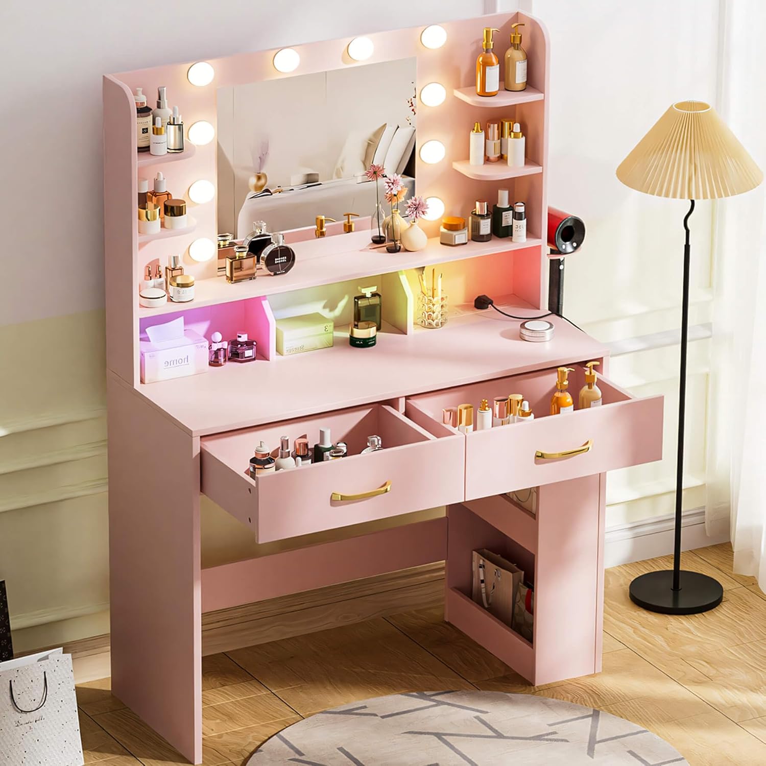 COMHOMA Vanity Desk with Lighted Mirror and Power Outlet, RGB LED Lights Makeup Vanity Set for Girls, Large Storage Capacity Dressing Table for Bedroom, 3 Lighting Modes Adjustable Brightness, White