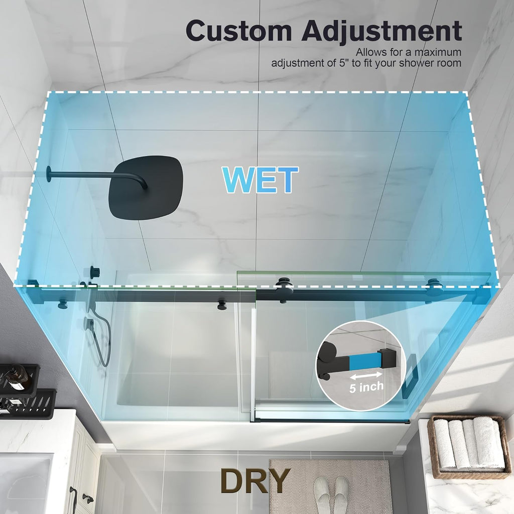 Frameless Bathtub Shower Door, 55-60" W x 60" H Sliding Tub Shower Door, 1/4''(6mm) SGCC Tempered Glass with Explosion-Proof Film Nano Coating in Matte Black Finish