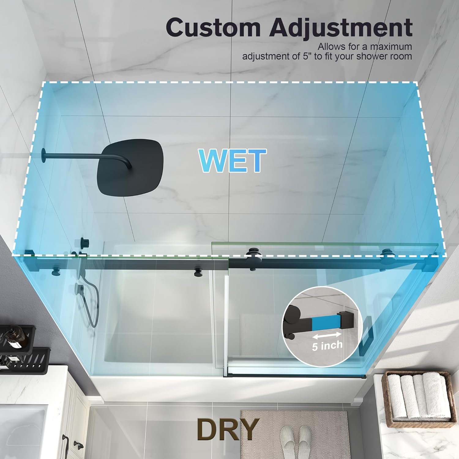 Frameless Bathtub Shower Door, 55-60" W x 60" H Sliding Tub Shower Door, 1/4''(6mm) SGCC Tempered Glass with Explosion-Proof Film Nano Coating in Matte Black Finish