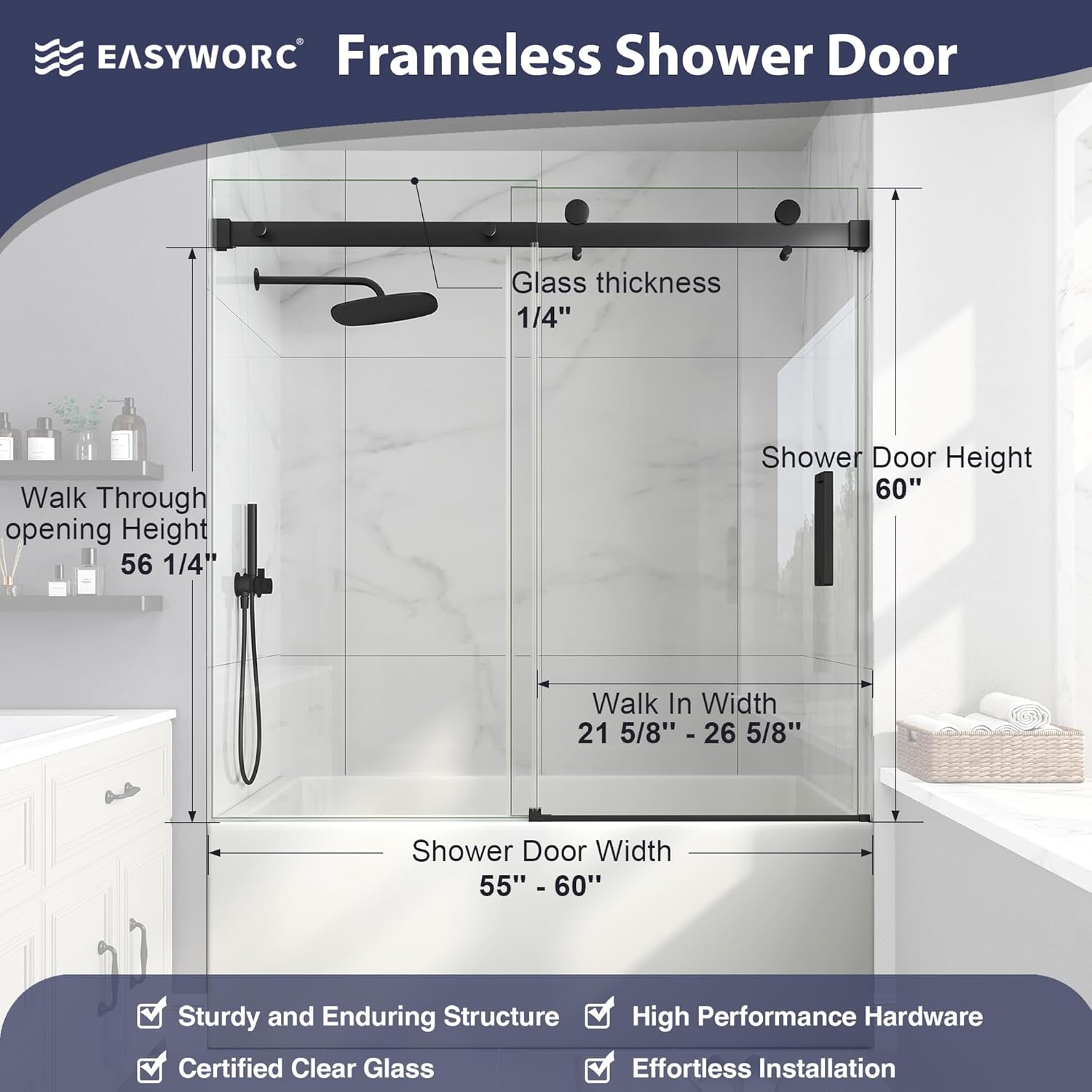 Frameless Bathtub Shower Door, 55-60" W x 60" H Sliding Tub Shower Door, 1/4''(6mm) SGCC Tempered Glass with Explosion-Proof Film Nano Coating in Matte Black Finish