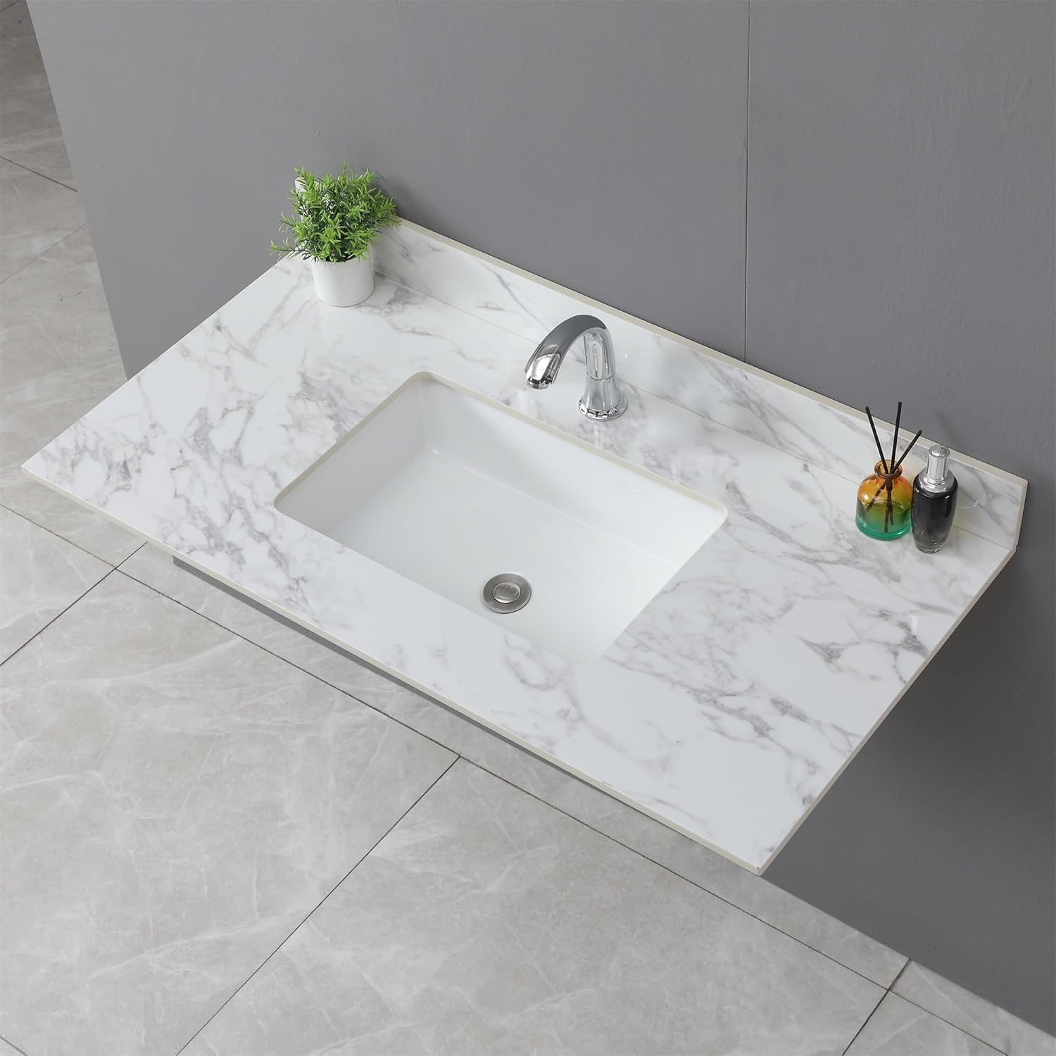 37" Bathroom Vanity Top with Ceramic Undermount Sink & Backsplash,Calacatta Gold Sintered Stone Counter Top, 3 Holes Vanity Sink Top