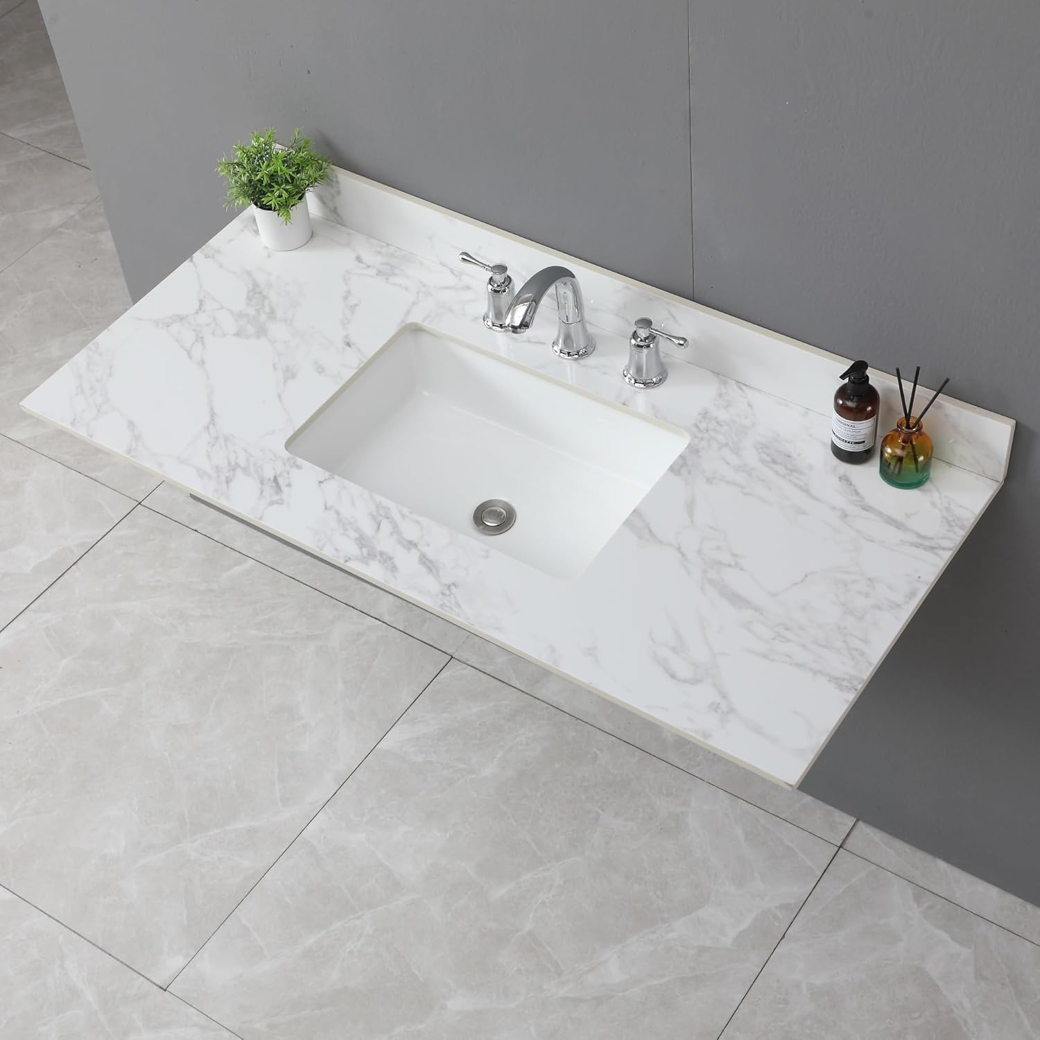 37" Bathroom Vanity Top with Ceramic Undermount Sink & Backsplash,Calacatta Gold Sintered Stone Counter Top, 3 Holes Vanity Sink Top