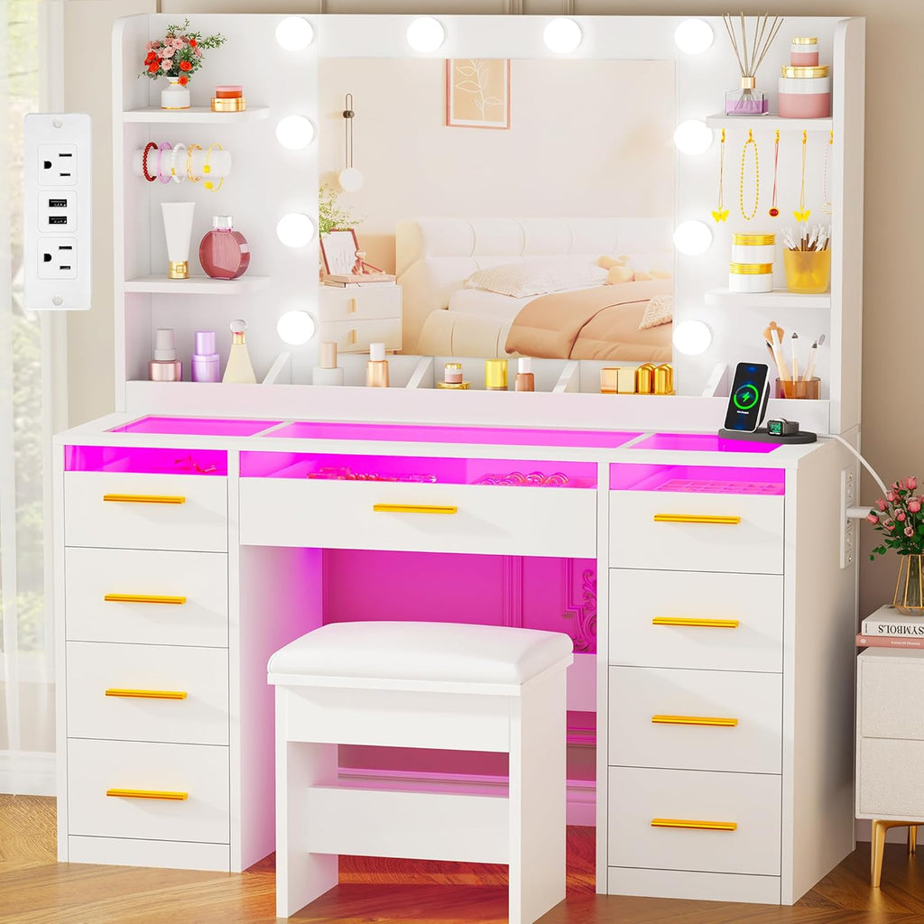 ANWBROAD Vanity Desk with Mirror and Lights 3 Colors Large Makeup Vanity Table Set Transparent Glass Top with 9 RGB Drawers, 4 Shelves Vanity Desk with Stool Power Outlet White Bedroom Women UBDT94W