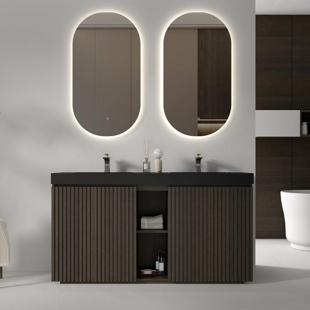 60" Bathroom Vanity with Double Sink, Freestanding Double Sink Bathroom Vanity with White Engineered Stone Top, Open Storage Cabinet & Adjustable Shelf, 4 Soft-Closing Doors, Smoked Oak Brown