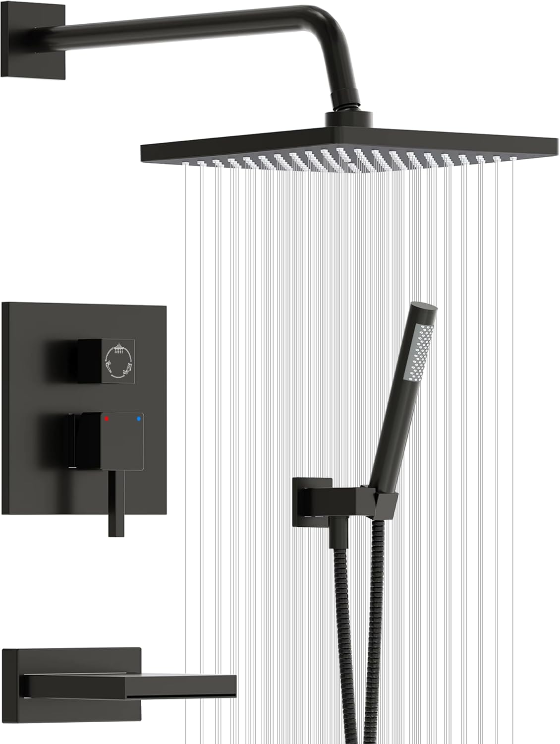 Esnbia Shower System with Tub Spout,Black Bathtub Shower Faucet Set,10 Inches Rain Shower Heads with Handheld Spary Combo, Tub Shower Kit with 3-Way Shower Valve, Matte Black