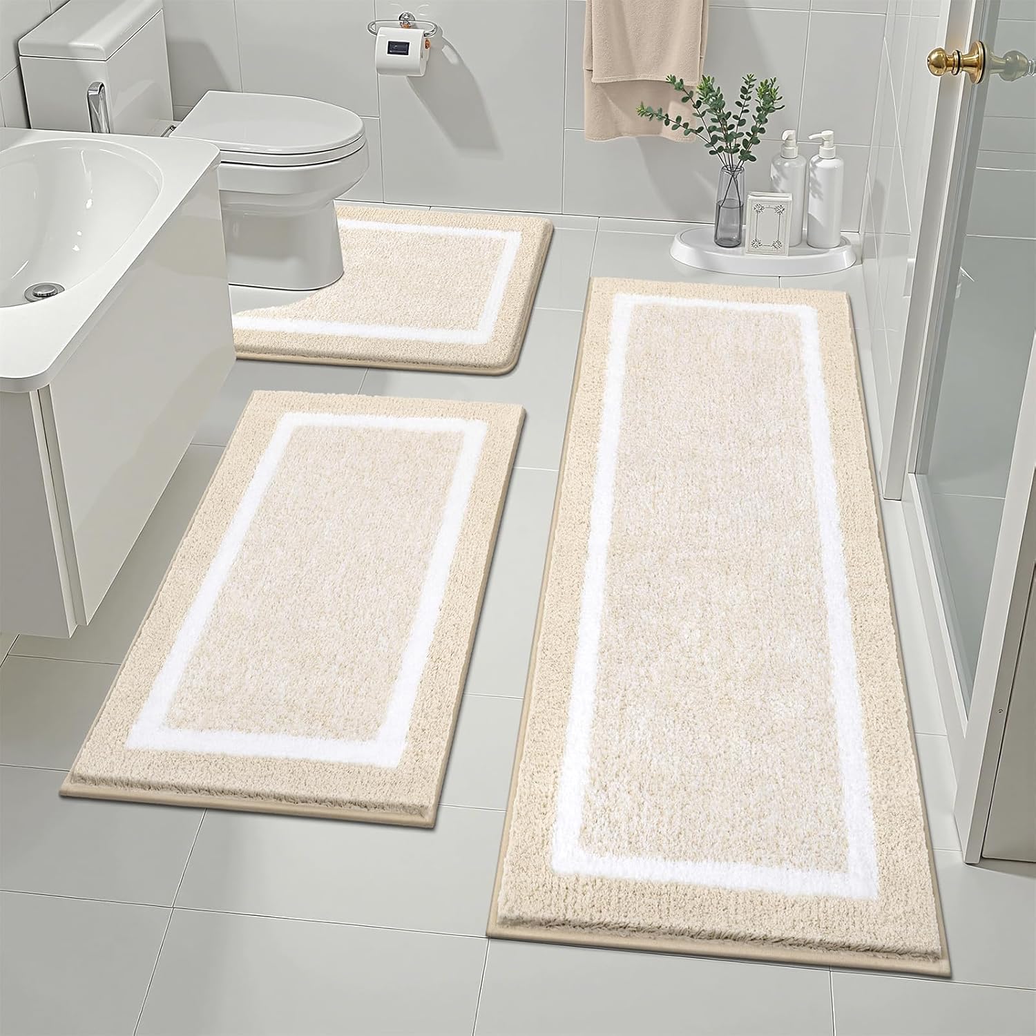 Pauwer Bathroom Rug Mat Set 3 Piece, Microfiber Shaggy Bath Set, Non-Slip Ultra Soft Carpet Mats, Absorbent with U-Shaped Toilet for Bathroom, Tub, Shower, Dark Grey