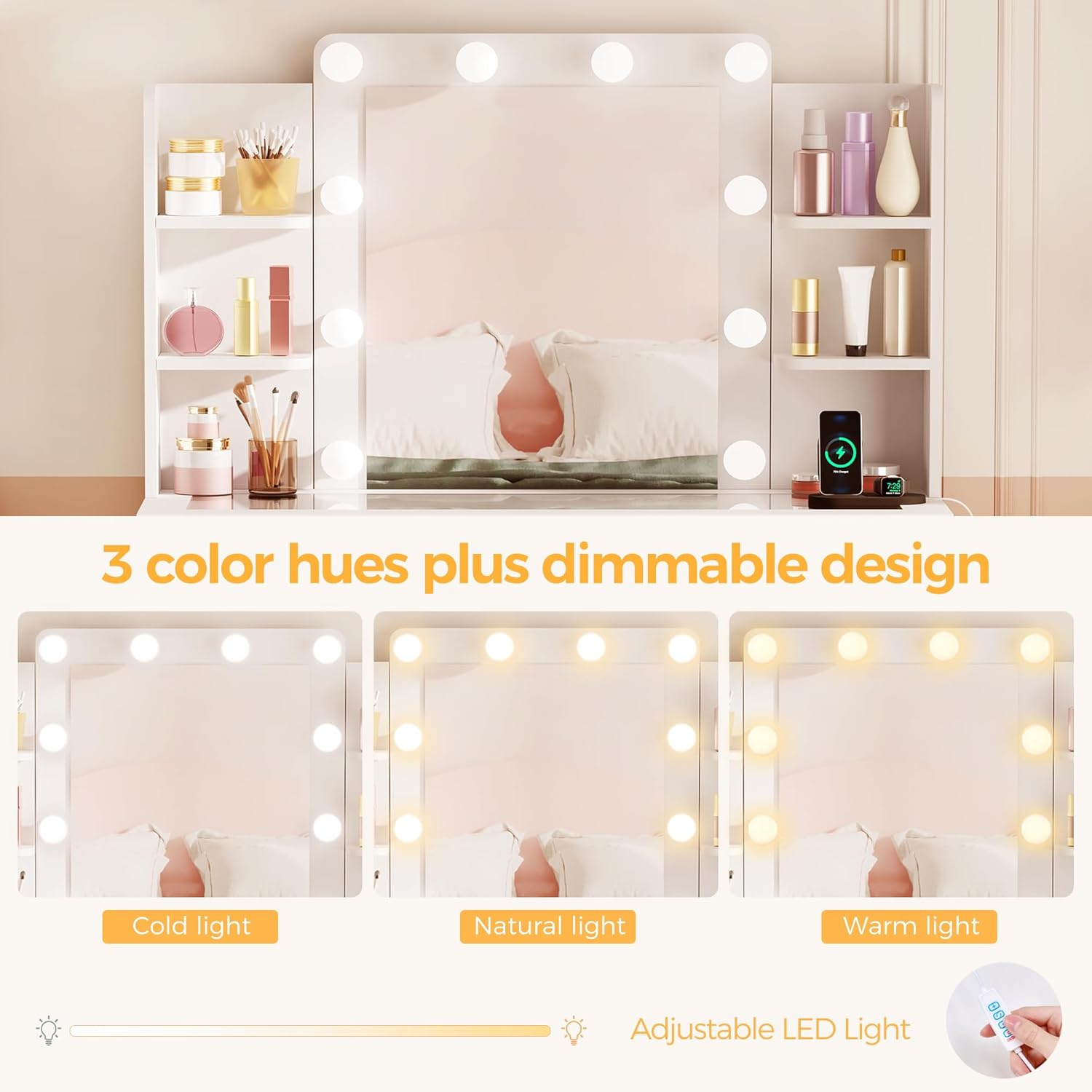 BEWISHOME Makeup Vanity Desk with Mirror and Lights White Vanity Table with Glass Top Power Outlet Stool,Makeup Desk with 9 Drawers and 4 Storage Shelves,Dressing Table for Bedroom Women FST39W