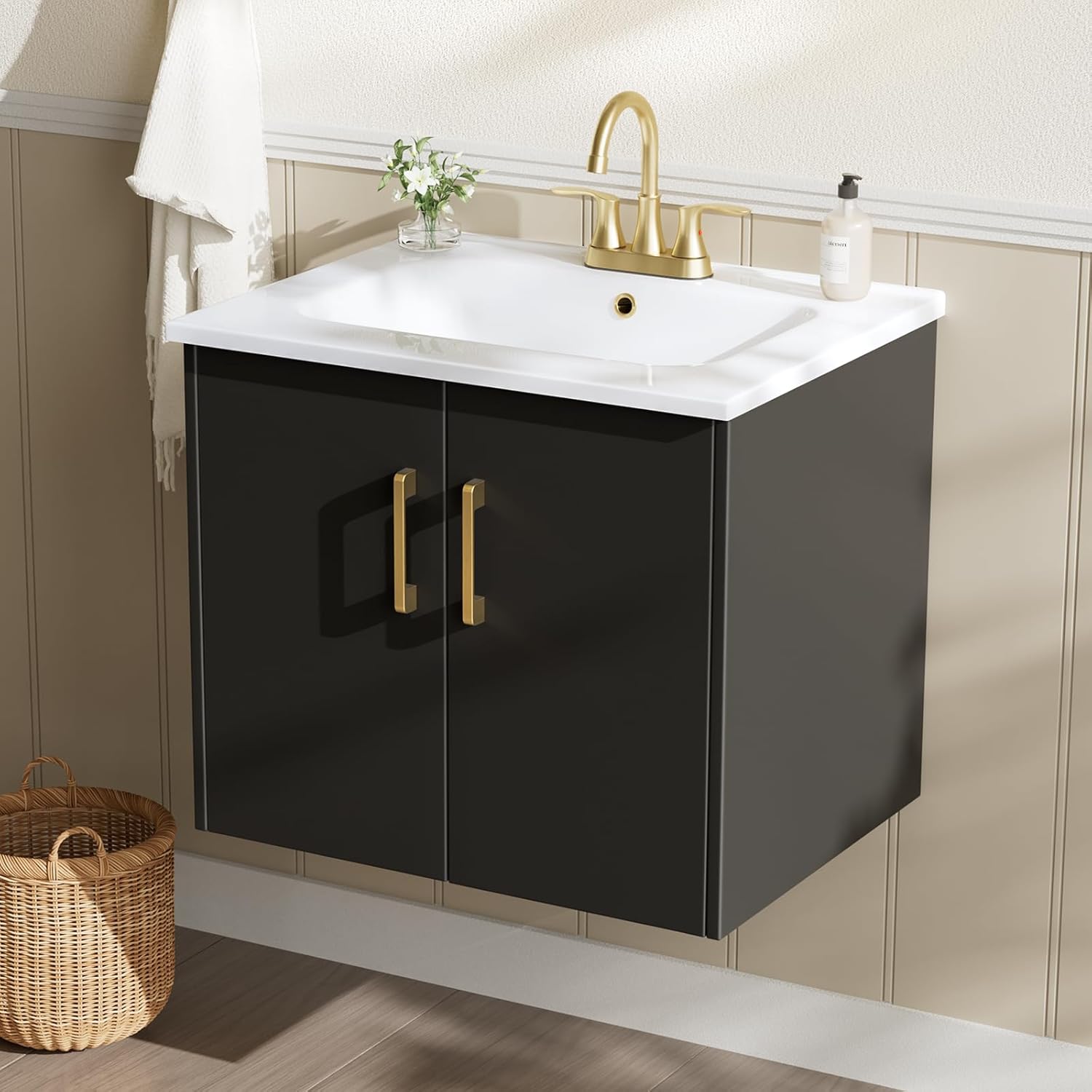 phiestina Pre-Assembled 24 Inch Floating Bathroom Vanity, Wall Mounted Black Cabinet with 2 Soft-Close Doors,3 Holes Ceramic Countertop Sink Combo,No Faucet,BV08-24-BLACK