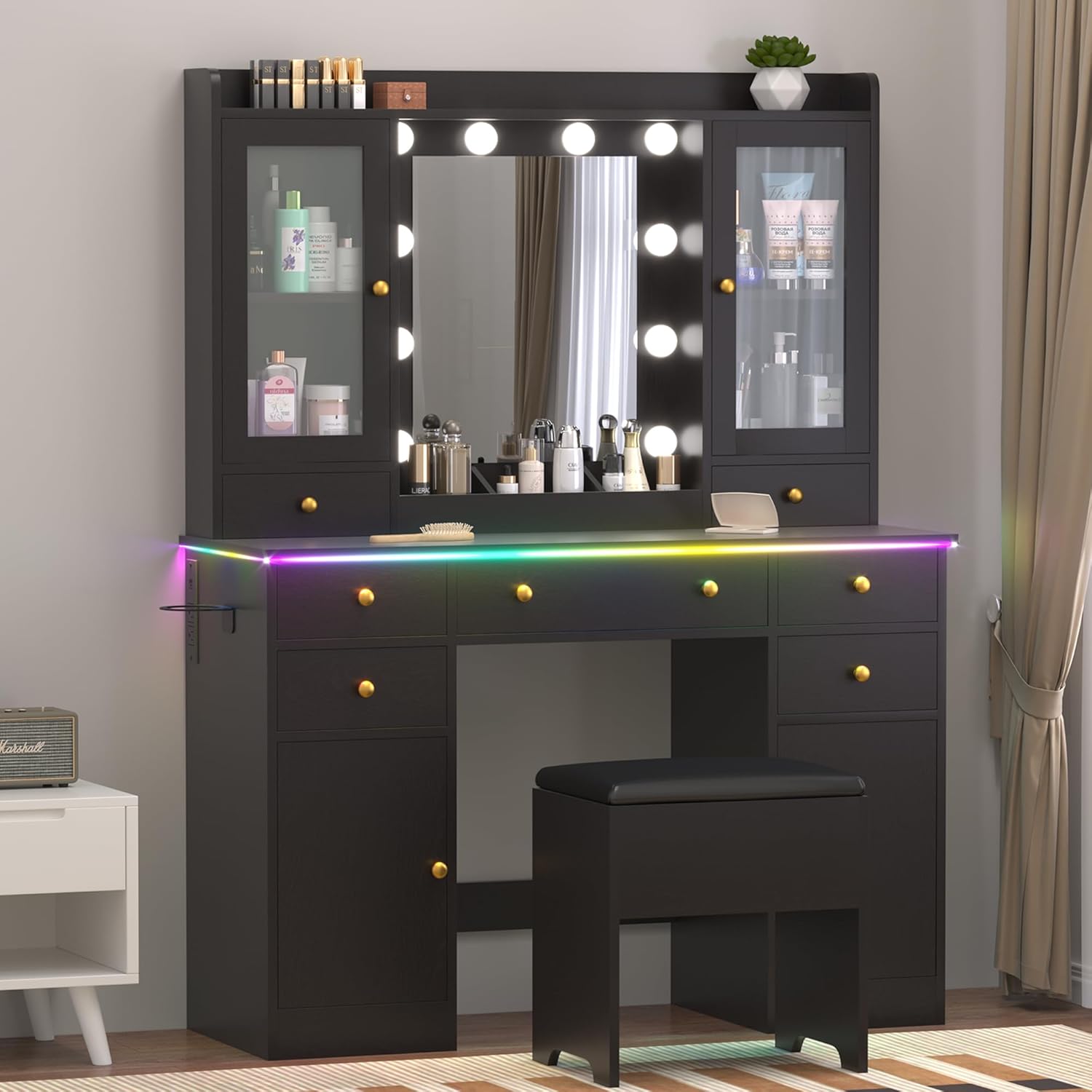 Vanity Desk with Mirror and Lights, 43" White Makeup Vanity Set with 5 Drawers & Glass Cabinets, Storage Stool, Power Outlet & Adjustable LED Lights, Dressing Table for Women & Girls Bedroom