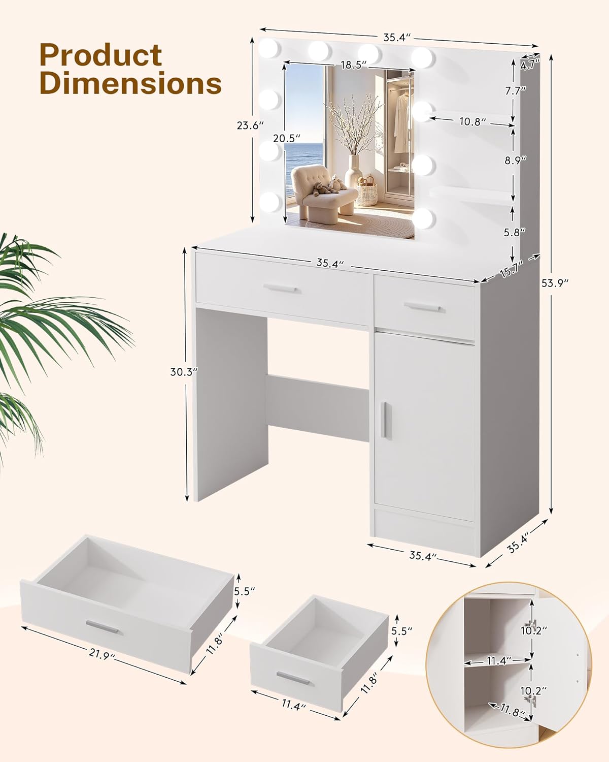 Lighted Makeup Vanity Desk, 35.4“W x 15.7'”D x 54“H, White (with Lights and Mirror, Dimming Function, 2 Drawers and 1 Cabiniet, Open Shelves) by Boahaus