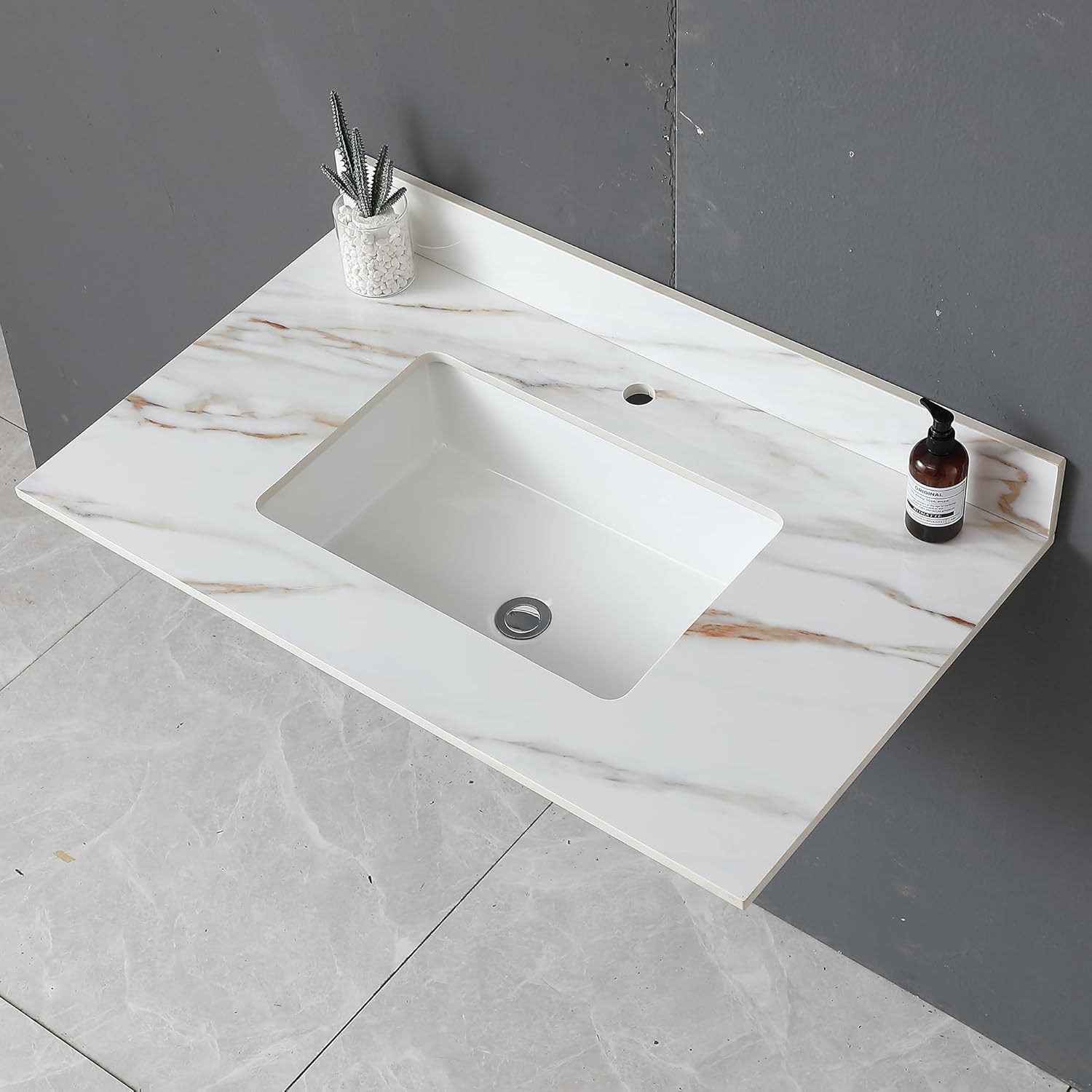 Montary 43"x 22" Bathroom Vanity Top with Undermounted Large Ceramic Sink & Backsplash, Sintered Stone Artificial Marble Vanity Sink Tops with 1 Pre-Drilled Hole for Bathroom, Gray Gold Veins