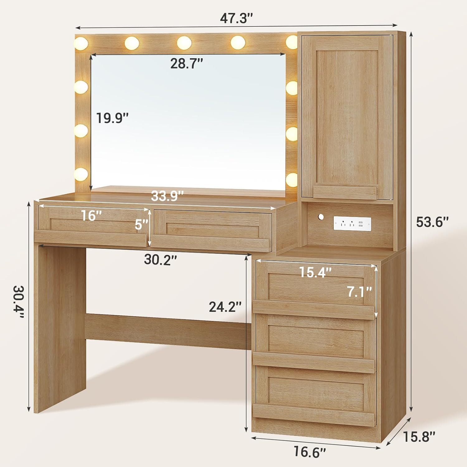 BTHFST Vanity Desk with Large Mirror and Hollywood Style Lights, Makeup Vanity with Charging Station, Makeup Table with 5 Drawers & Dustproof Cabinet, Natural Oak