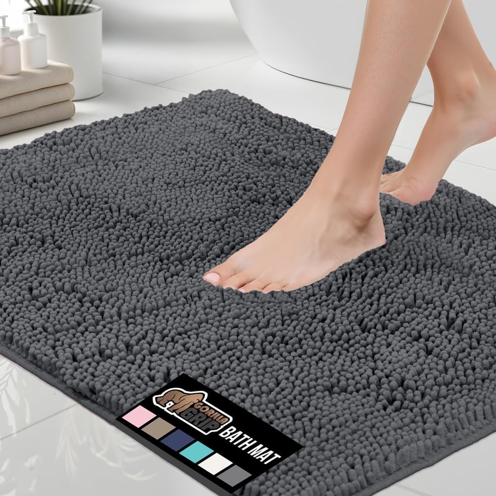 GORILLA GRIP Bath Rug Mat 70x24, Thick Soft Absorbent Chenille, Quick Dry Microfiber Mats, Rubber Backing Washable Shower Floor Rugs, Bathmat Runner, US Designed Bathroom Home Decor Accessories Grey