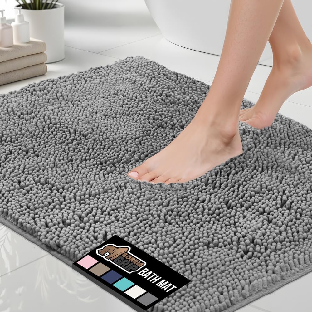 GORILLA GRIP Bath Rug Mat 70x24, Thick Soft Absorbent Chenille, Quick Dry Microfiber Mats, Rubber Backing Washable Shower Floor Rugs, Bathmat Runner, US Designed Bathroom Home Decor Accessories Grey