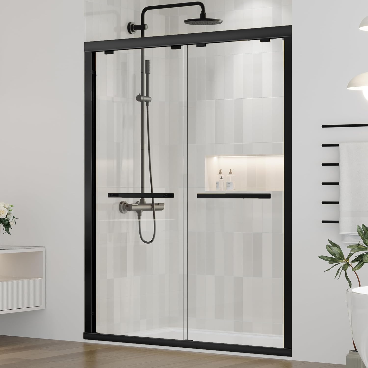 DELAVIN 56-60" W x 59" H Frameless Sliding Bathtub Door, Tub Shower Door, Bathtub Glass Door, Bathtub Shower Door, 5/16" (8mm) Certified Clear Tempered Glass, Stainless Steel Frame, Matte Black