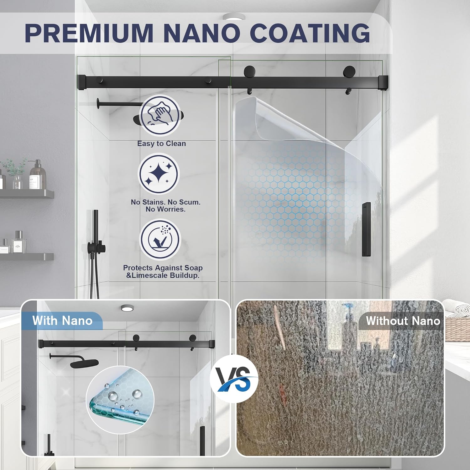 Frameless Bathtub Shower Door, 55-60" W x 60" H Sliding Tub Shower Door, 1/4''(6mm) SGCC Tempered Glass with Explosion-Proof Film Nano Coating in Matte Black Finish