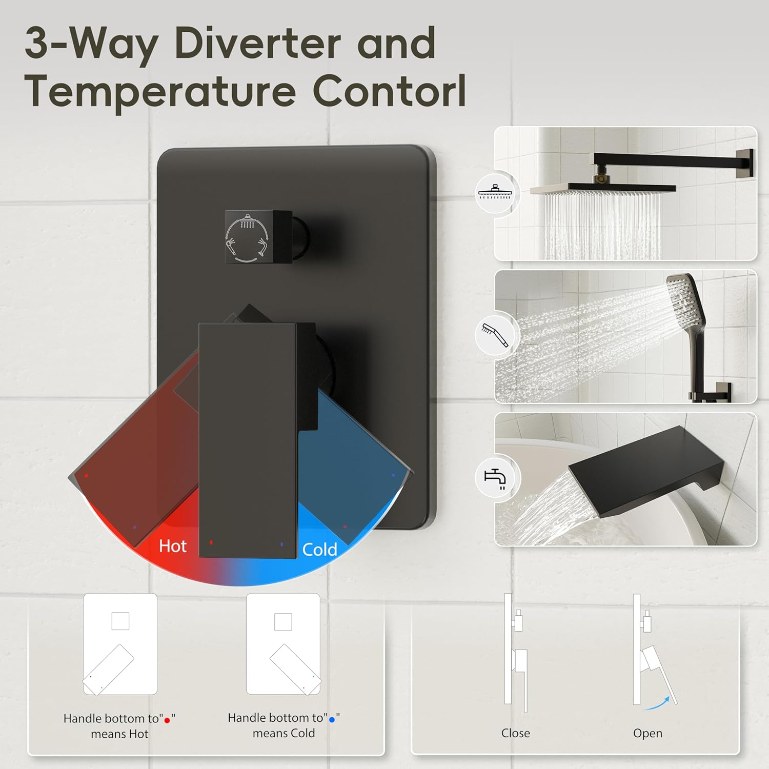 Gabrylly Shower System with Tub Spout, Wall Mounted Tub Shower Faucet Set for Bathroom with High Pressure 10" Rain Shower head and 3-Setting Handheld Shower Head Set, Matte Black