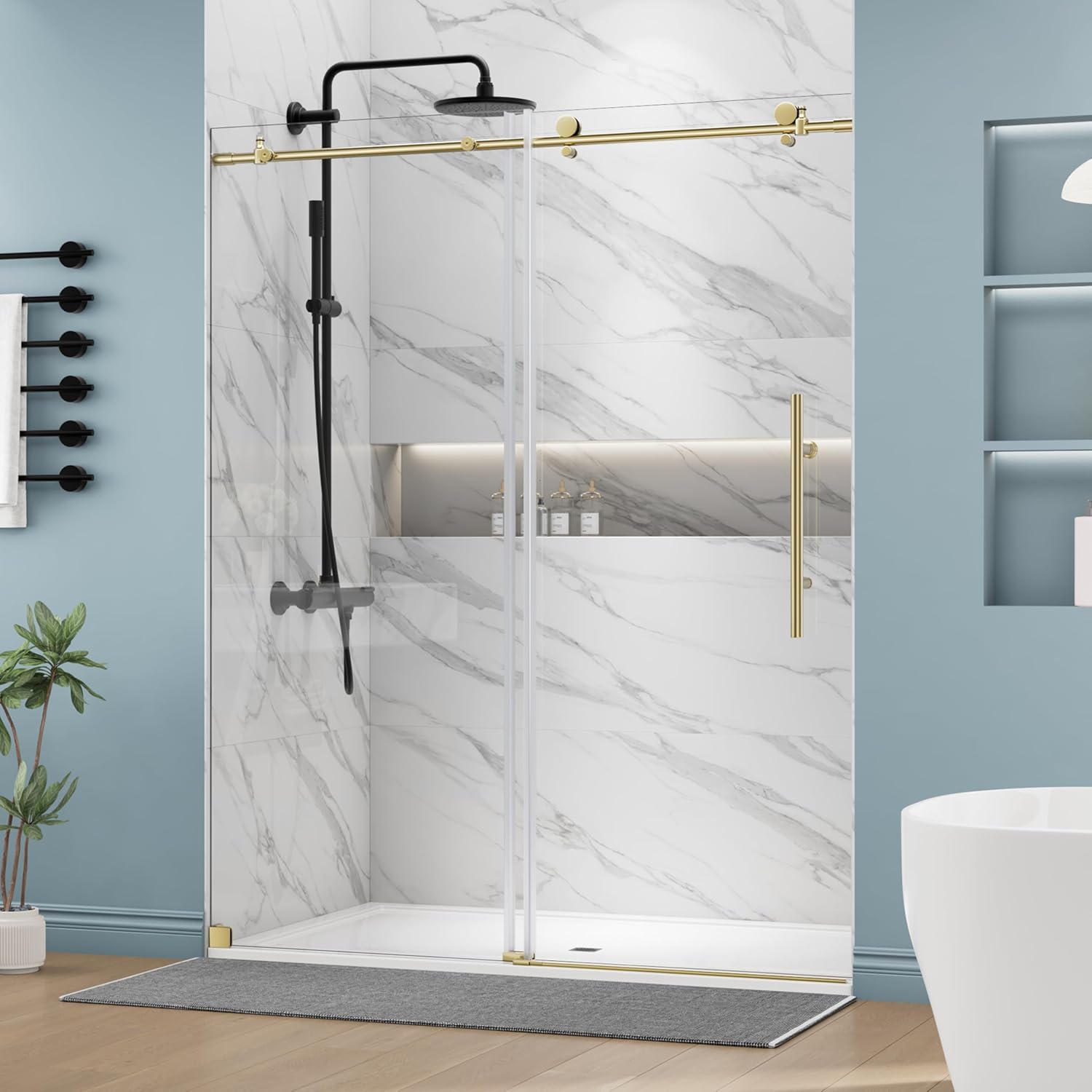 DELAVIN 56-60" W x 59" H Frameless Sliding Bathtub Door, Tub Shower Door, Bathtub Glass Door, Bathtub Shower Door, 5/16" (8mm) Certified Clear Tempered Glass, Stainless Steel Frame, Matte Black