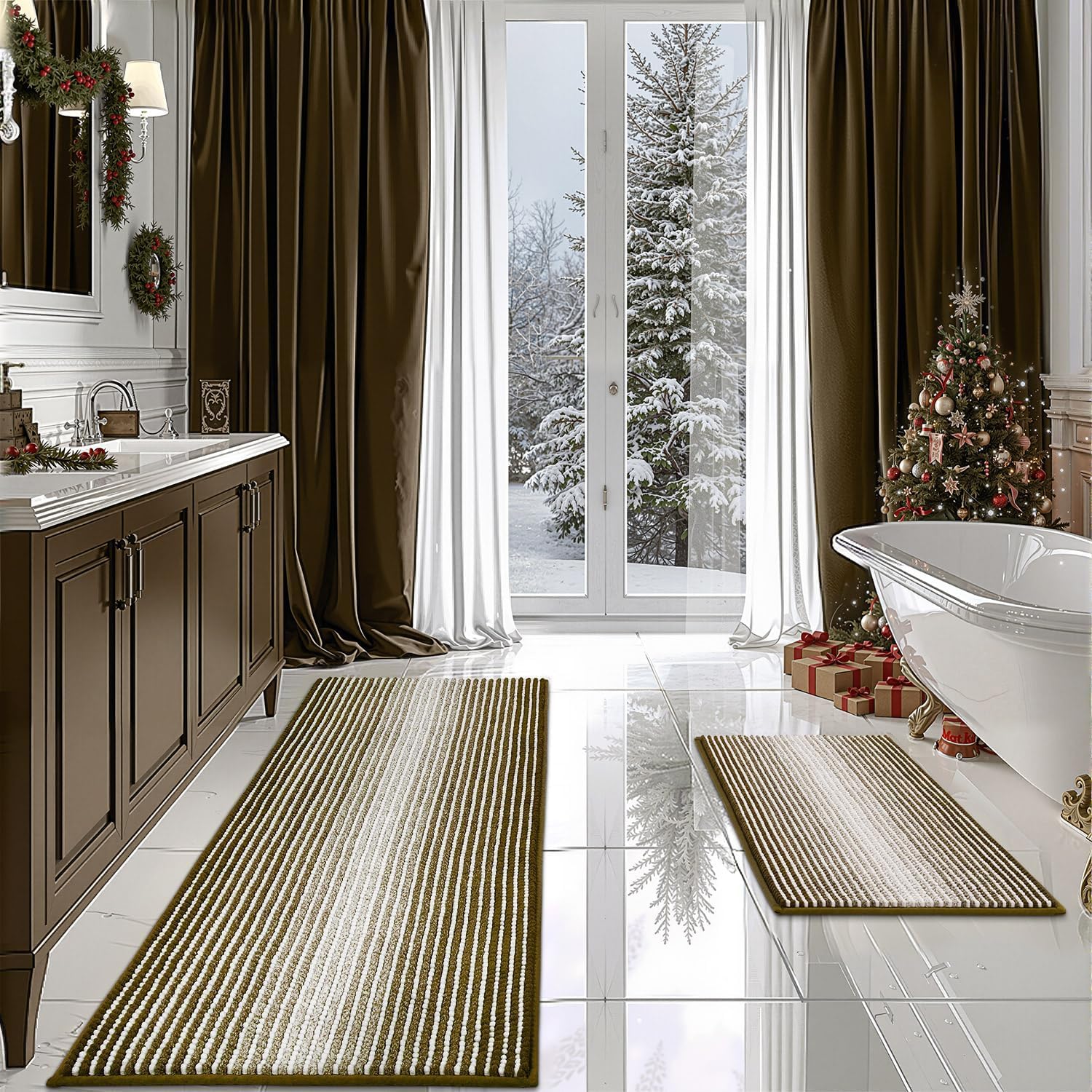 BSICPRO Bathroom Rugs and Mats Sets, 2 Piece Thick Absorbent Chenille Bath Mat Rug Set Non Slip, Soft Shaggy Bath Room Floor Mats for Bathroom, Machine Washable (Sage, 20" x 47" Plus 16" x 24")