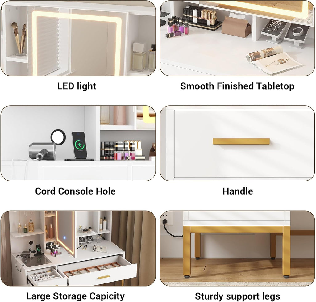IDEALHOUSE Vanity Desk with Mirror and Lights, 42.5" Makeup Vanity Set with Stool, Makeup Table with Mirror Cabinet and Chair, Drawers & Shelves, Dressing Table with Outlet for Bedroom, White