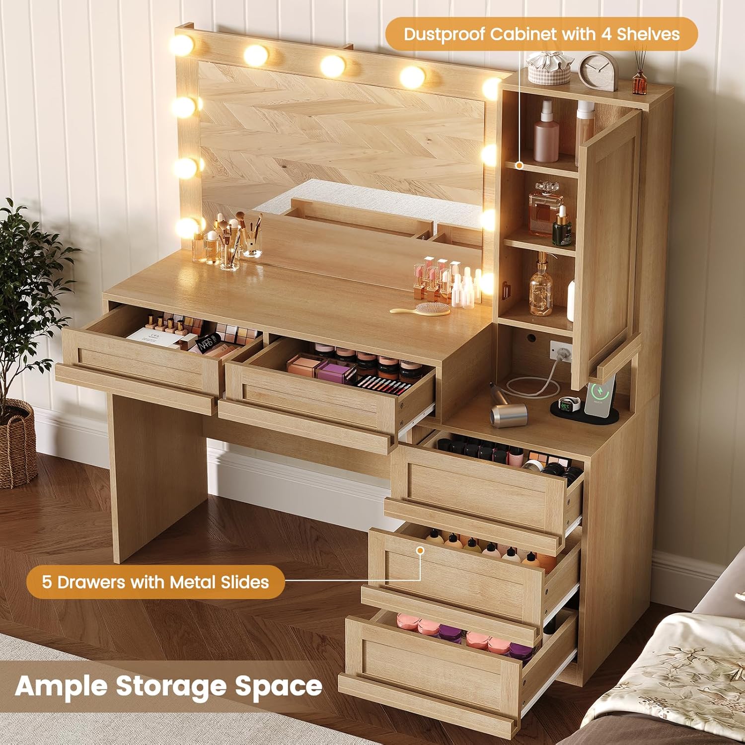 BTHFST Vanity Desk with Large Mirror and Hollywood Style Lights, Makeup Vanity with Charging Station, Makeup Table with 5 Drawers & Dustproof Cabinet, Natural Oak