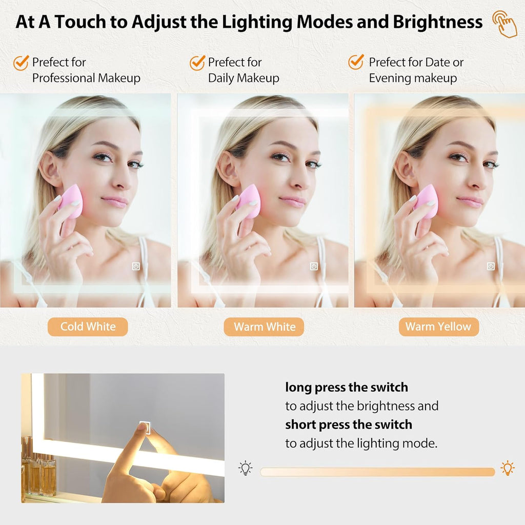 ANWBROAD Vanity Desk Table with Lighted Mirror 39.4“ Girls Makeup Vanity with Power Outlet 3 Colors Lighting Adjustable Brightness Vanity Table for Women Bedroom Dressing Room White UBDT65W