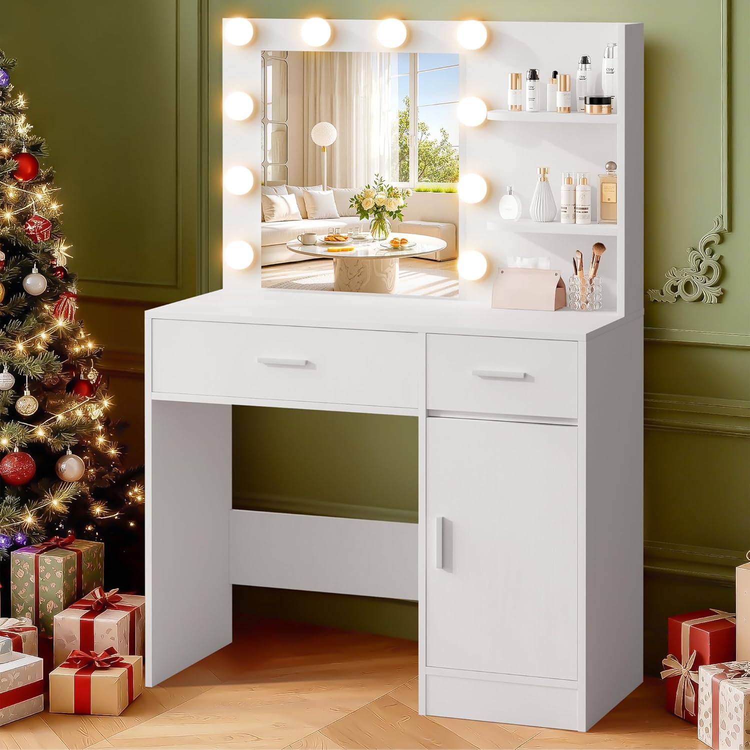 Lighted Makeup Vanity Desk, 35.4“W x 15.7'”D x 54“H, White (with Lights and Mirror, Dimming Function, 2 Drawers and 1 Cabiniet, Open Shelves) by Boahaus