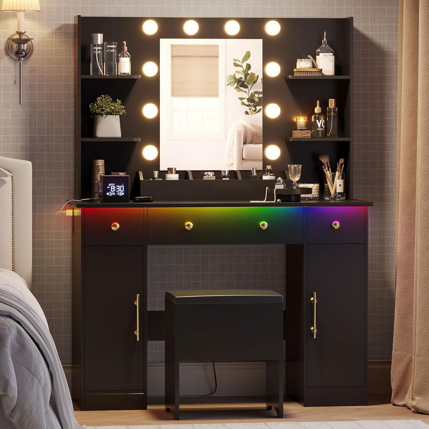 Vanity Desk with Mirror and Lights, 43" White Makeup Vanity Set with 5 Drawers & Glass Cabinets, Storage Stool, Power Outlet & Adjustable LED Lights, Dressing Table for Women & Girls Bedroom