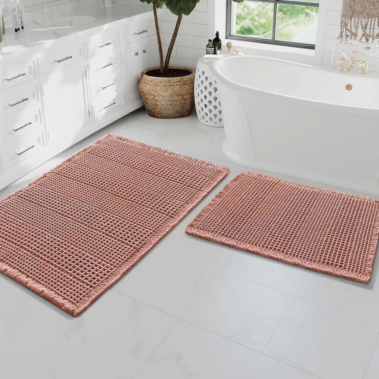 H.VERSAILTEX Waffle Bath Mat Super Absorbent Bathroom Mats Non Slip Bath Rugs for Bathroom Floor Machine Washable Ultra Soft Bathroom Rugs for Beside Tub, (32 x 20 Plus 24 x 60 - Inches, Irish Cream)