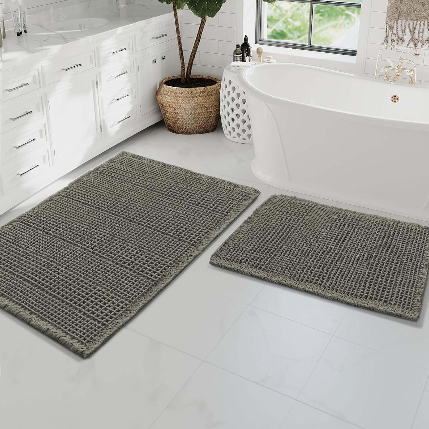 H.VERSAILTEX Waffle Bath Mat Super Absorbent Bathroom Mats Non Slip Bath Rugs for Bathroom Floor Machine Washable Ultra Soft Bathroom Rugs for Beside Tub, (32 x 20 Plus 24 x 60 - Inches, Irish Cream)