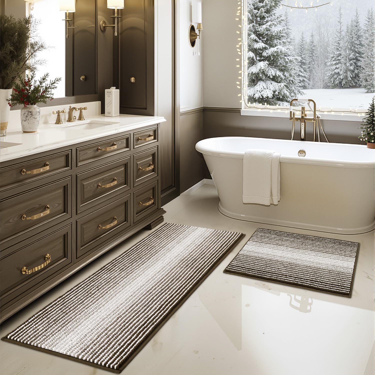 BSICPRO Bathroom Rugs and Mats Sets, 2 Piece Thick Absorbent Chenille Bath Mat Rug Set Non Slip, Soft Shaggy Bath Room Floor Mats for Bathroom, Machine Washable (Sage, 20" x 47" Plus 16" x 24")