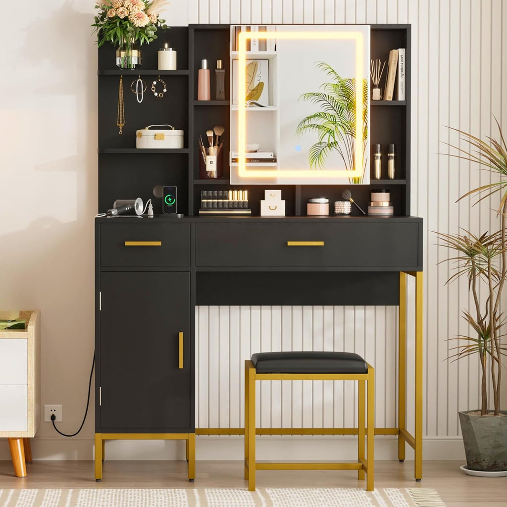 IDEALHOUSE Vanity Desk with Mirror and Lights, 42.5" Makeup Vanity Set with Stool, Makeup Table with Mirror Cabinet and Chair, Drawers & Shelves, Dressing Table with Outlet for Bedroom, White