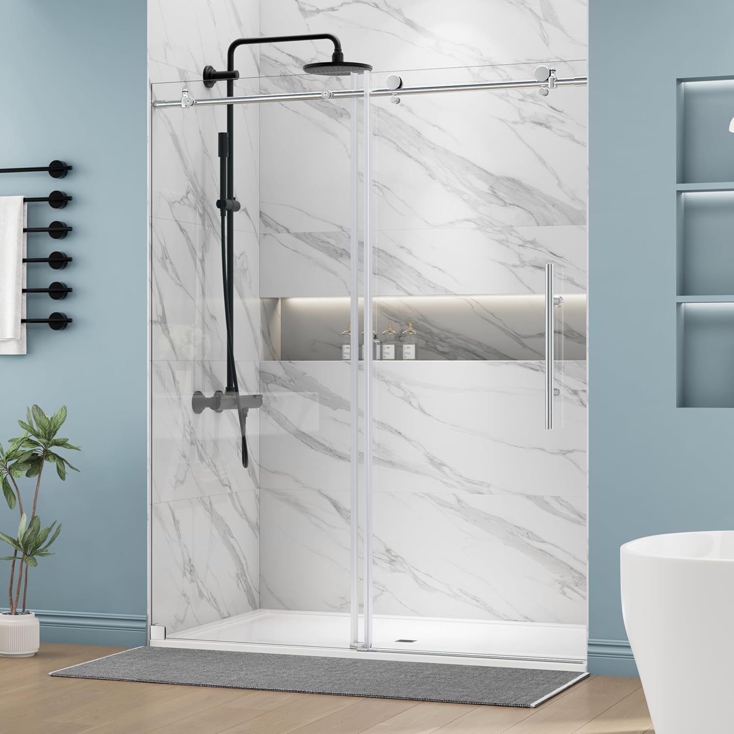 DELAVIN 56-60" W x 59" H Frameless Sliding Bathtub Door, Tub Shower Door, Bathtub Glass Door, Bathtub Shower Door, 5/16" (8mm) Certified Clear Tempered Glass, Stainless Steel Frame, Matte Black