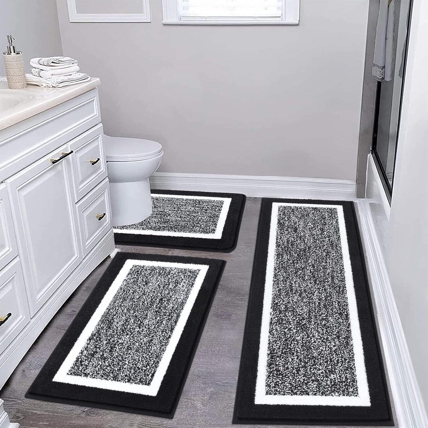 Pauwer Bathroom Rug Mat Set 3 Piece, Microfiber Shaggy Bath Set, Non-Slip Ultra Soft Carpet Mats, Absorbent with U-Shaped Toilet for Bathroom, Tub, Shower, Dark Grey