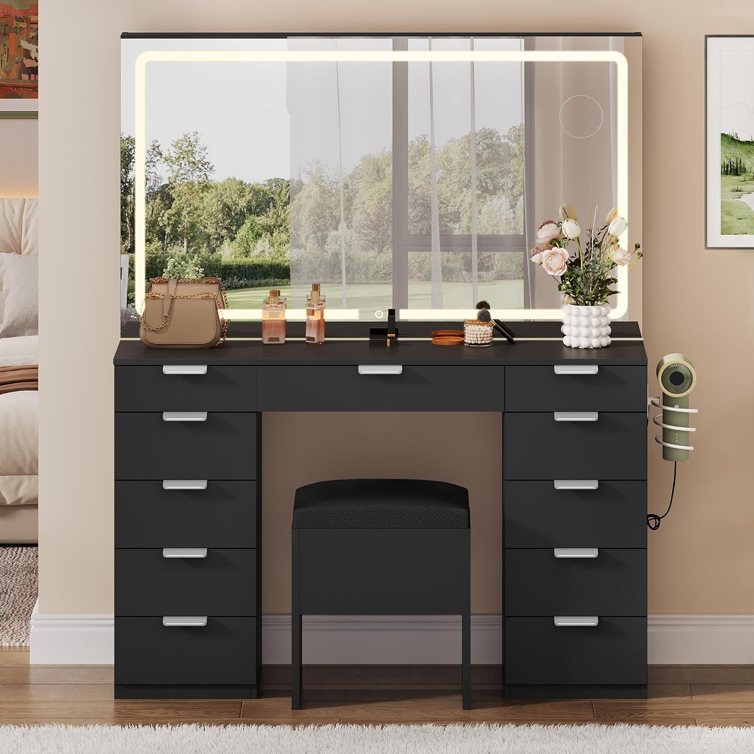 YITAHOME 46" Glass Top Vanity Desk with LED Mirror, 11 LED Bulbs, 3 Adjustable Lighting Modes, 10-Drawer Makeup Vanity with PU Storage Stool, Dressing Table Built-in USB & AC Outlets