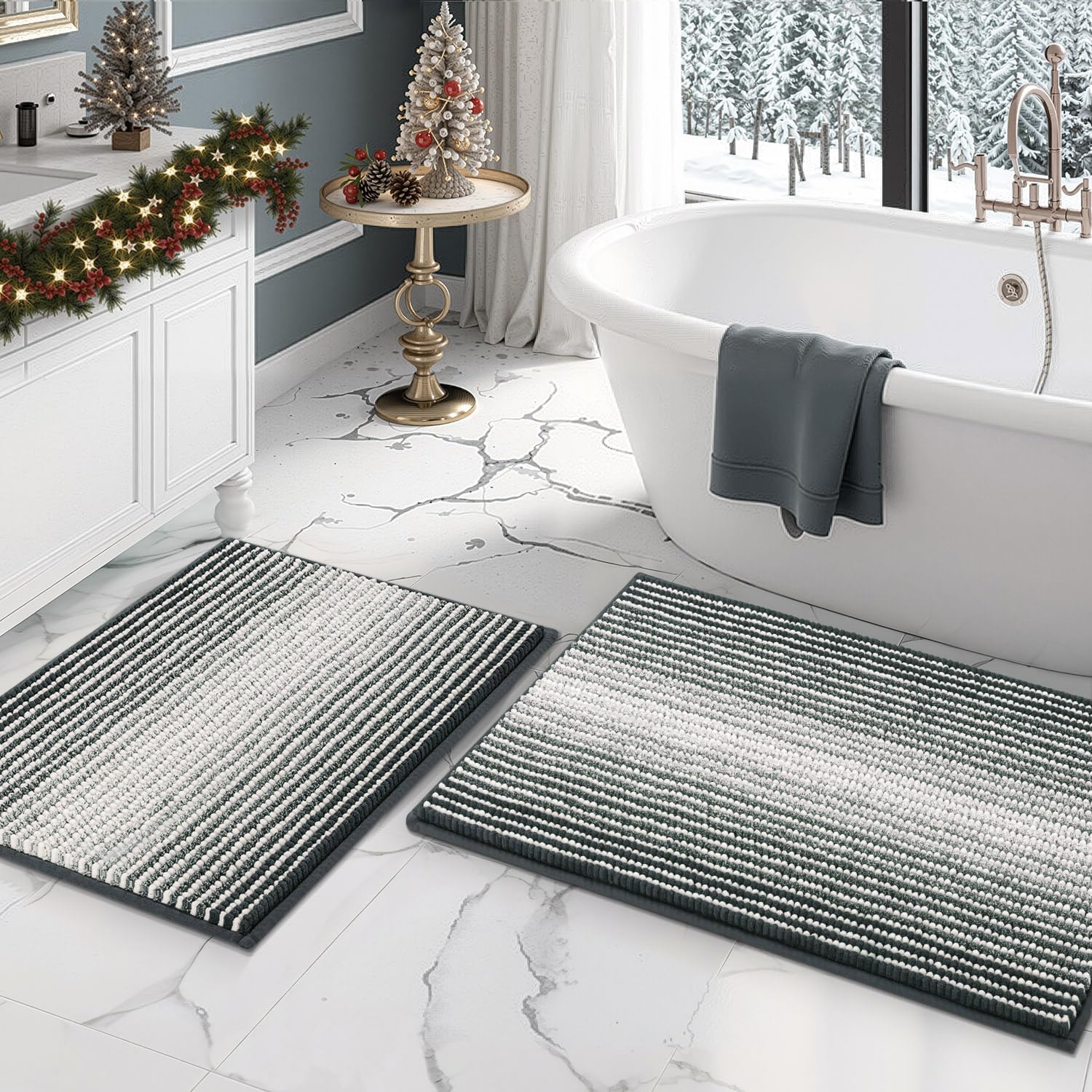 BSICPRO Bathroom Rugs and Mats Sets, 2 Piece Thick Absorbent Chenille Bath Mat Rug Set Non Slip, Soft Shaggy Bath Room Floor Mats for Bathroom, Machine Washable (Sage, 20" x 47" Plus 16" x 24")