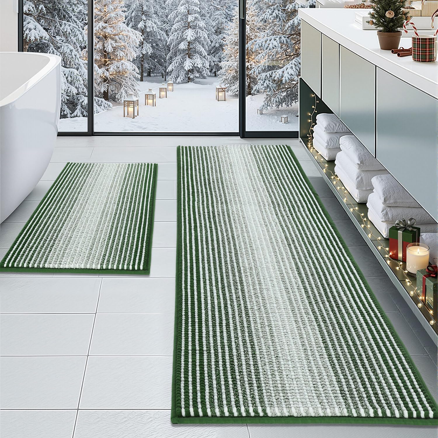 BSICPRO Bathroom Rugs and Mats Sets, 2 Piece Thick Absorbent Chenille Bath Mat Rug Set Non Slip, Soft Shaggy Bath Room Floor Mats for Bathroom, Machine Washable (Sage, 20" x 47" Plus 16" x 24")