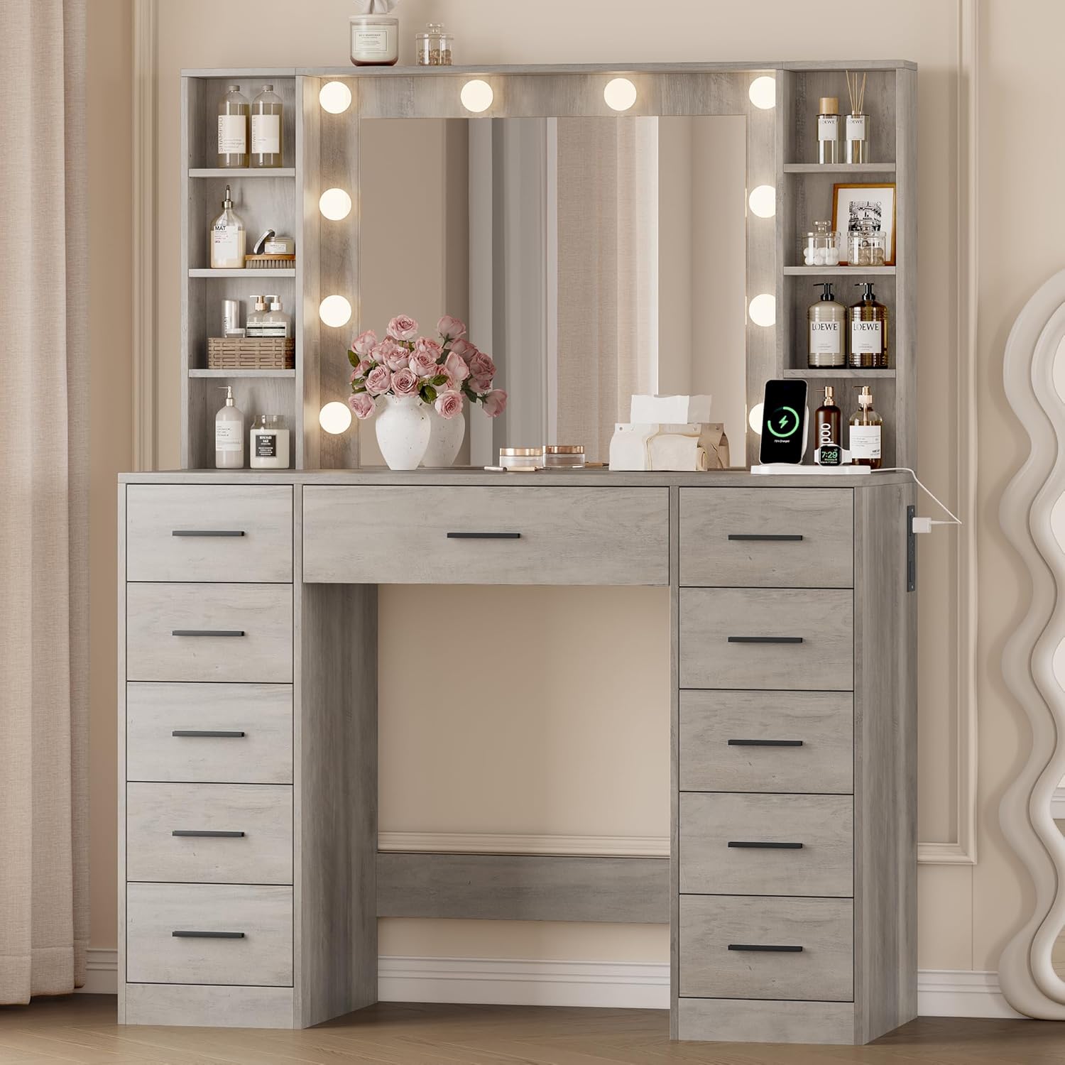 Vanity Desk with Mirror and Lights, 43" White Makeup Vanity Set with 5 Drawers & Glass Cabinets, Storage Stool, Power Outlet & Adjustable LED Lights, Dressing Table for Women & Girls Bedroom