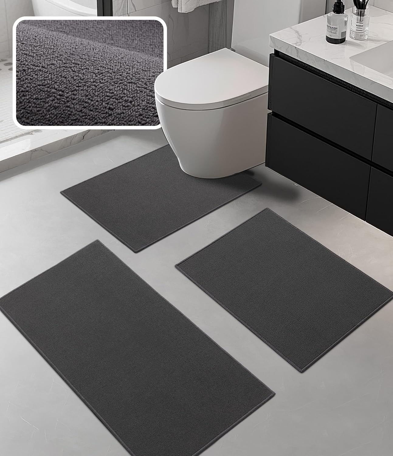 YIHOUSE Bathroom Rug Sets 2 Piece, Ultra Thin Bath Mat Fit Under Door, Quick Dry Absorbent Bath Mat for Bathroom Non Slip Machine Washable Floor Mat (Black, 2 Piece)