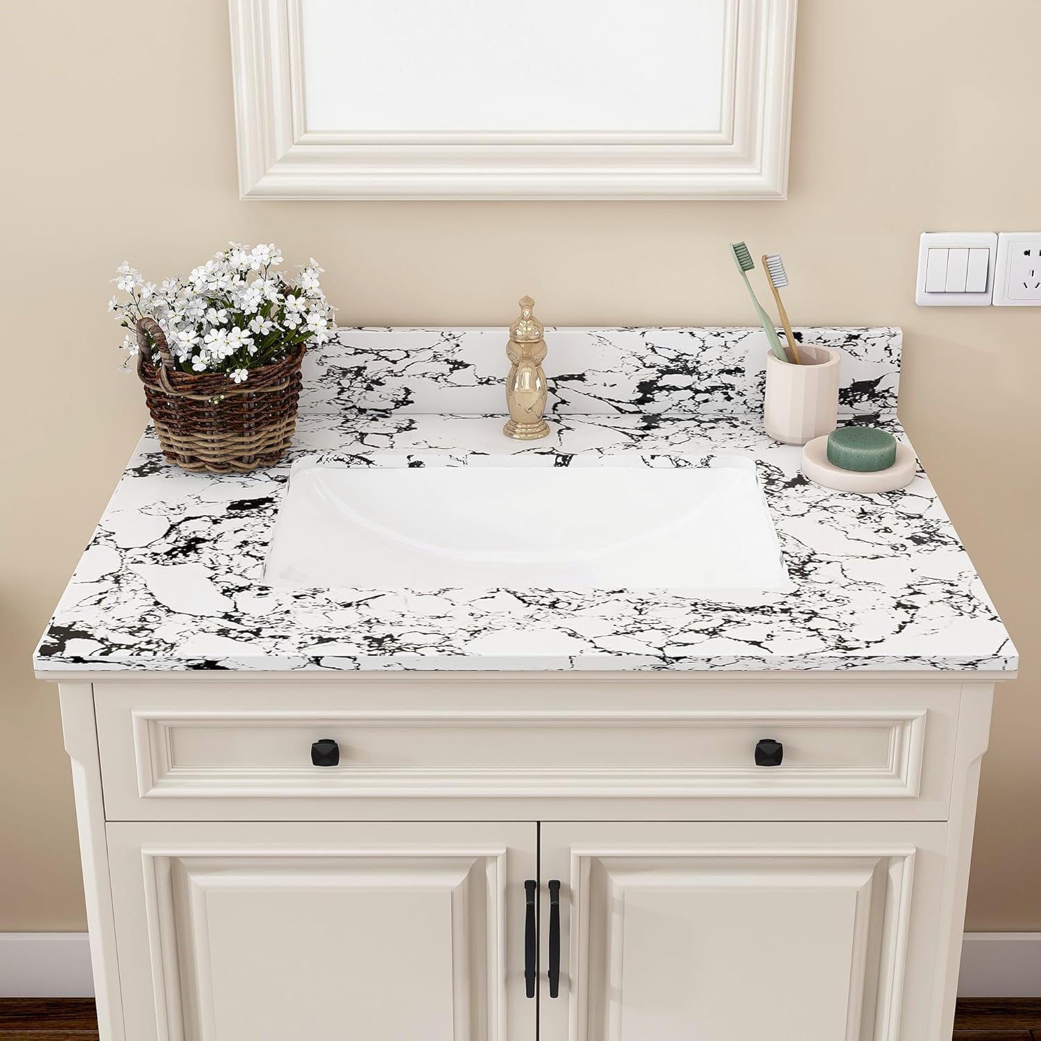 37" Bathroom Vanity Top with Ceramic Undermount Sink & Backsplash,Calacatta Gold Sintered Stone Counter Top, 3 Holes Vanity Sink Top