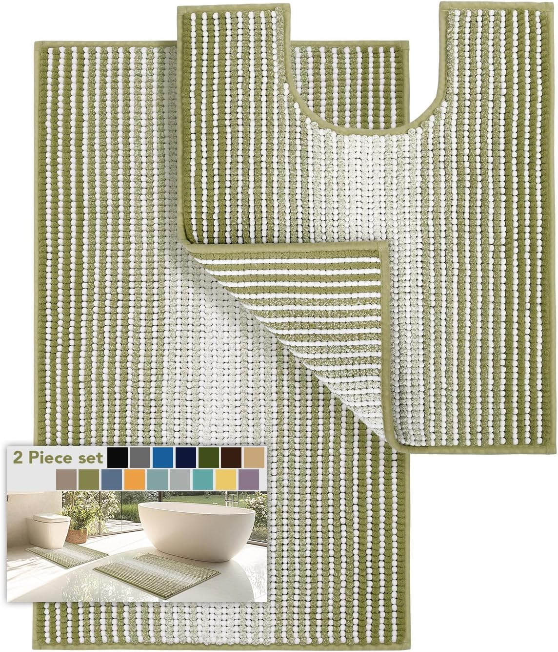 BSICPRO Bathroom Rugs and Mats Sets, 2 Piece Thick Absorbent Chenille Bath Mat Rug Set Non Slip, Soft Shaggy Bath Room Floor Mats for Bathroom, Machine Washable (Sage, 20" x 47" Plus 16" x 24")