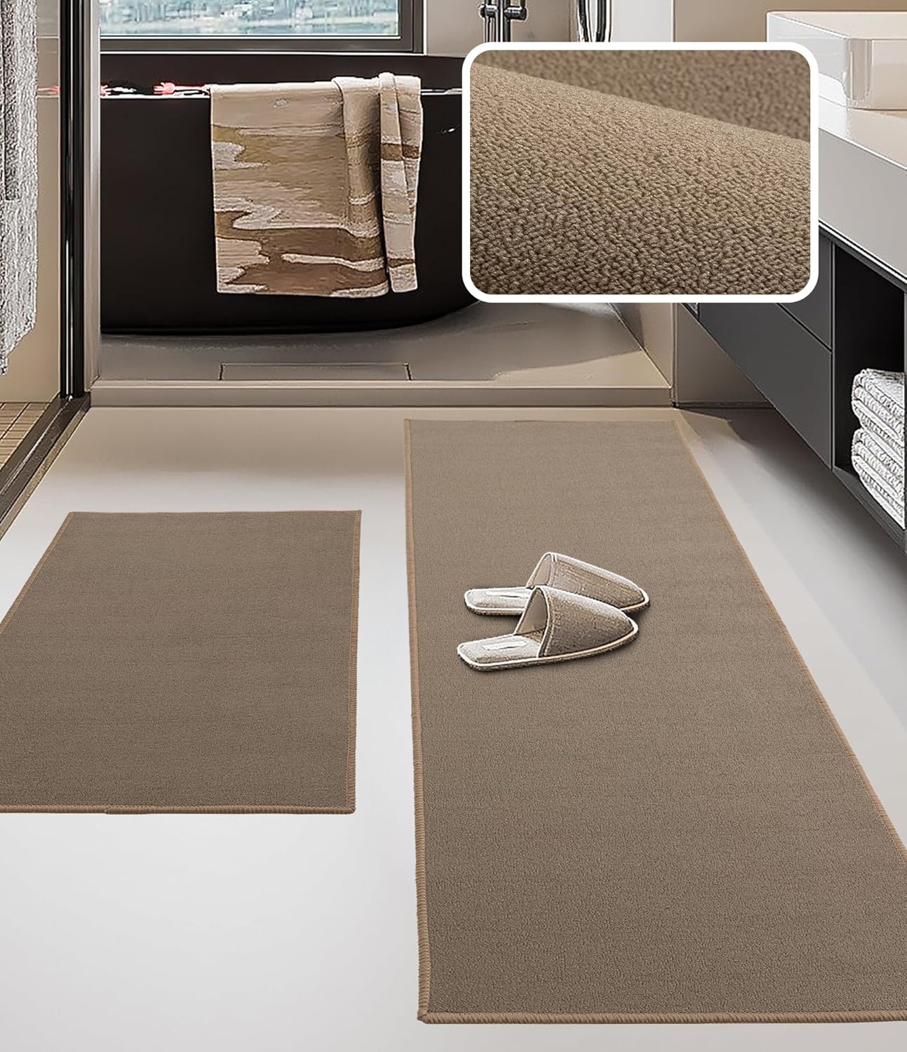 YIHOUSE Bathroom Rug Sets 2 Piece, Ultra Thin Bath Mat Fit Under Door, Quick Dry Absorbent Bath Mat for Bathroom Non Slip Machine Washable Floor Mat (Black, 2 Piece)