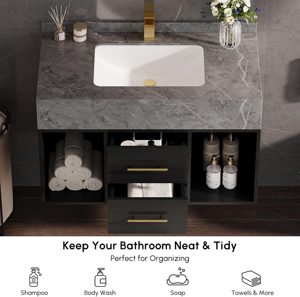 KunMai 35.4" Black Floating Bathroom Vanity with Sink – Modern Wall Mounted Bathroom Cabinet with Sintered Stone Countertop, Soft-Close Drawers, Space-Saving Vanity for Small Bathrooms