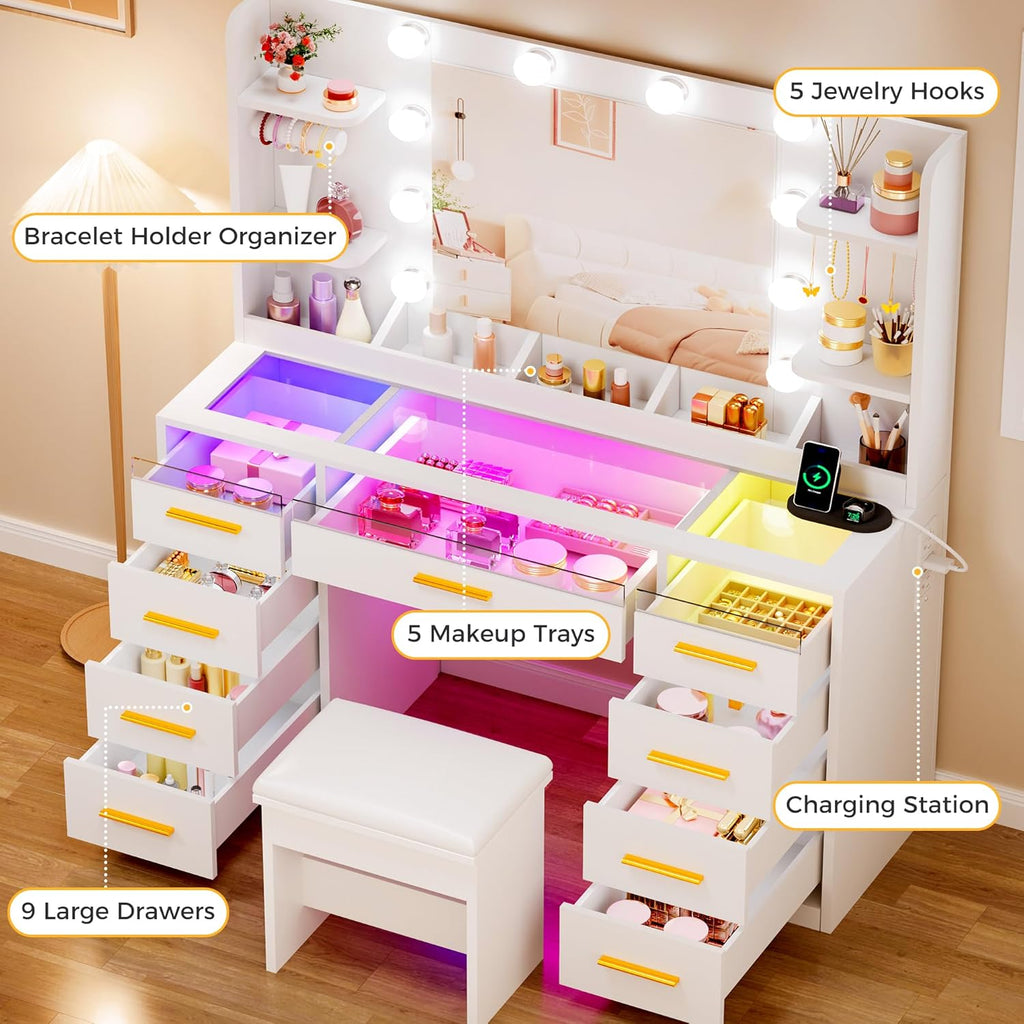 ANWBROAD Vanity Desk with Mirror and Lights 3 Colors Large Makeup Vanity Table Set Transparent Glass Top with 9 RGB Drawers, 4 Shelves Vanity Desk with Stool Power Outlet White Bedroom Women UBDT94W