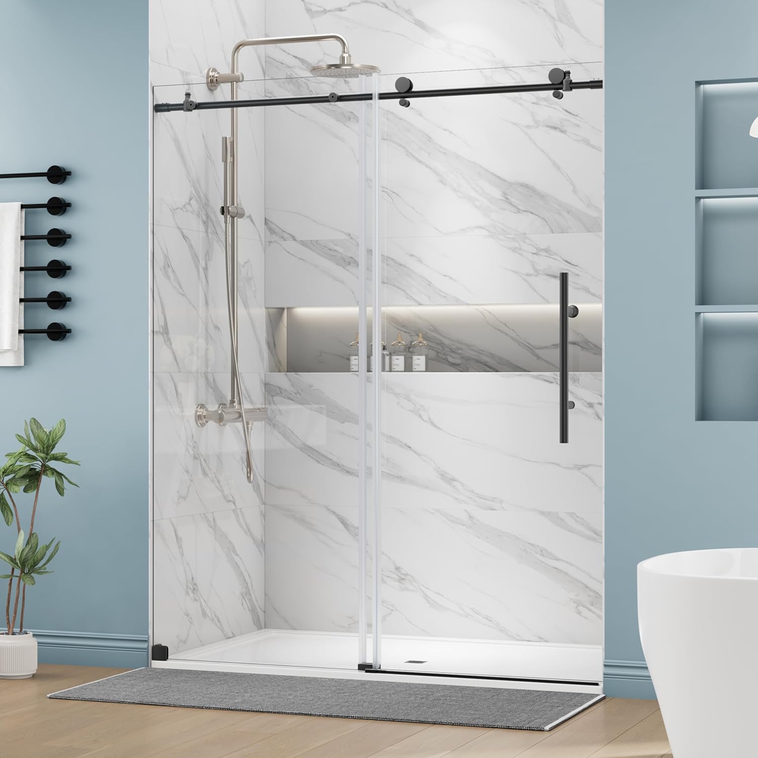 DELAVIN 56-60" W x 59" H Frameless Sliding Bathtub Door, Tub Shower Door, Bathtub Glass Door, Bathtub Shower Door, 5/16" (8mm) Certified Clear Tempered Glass, Stainless Steel Frame, Matte Black