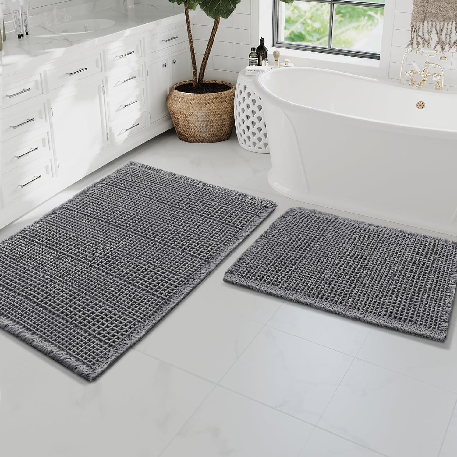 H.VERSAILTEX Waffle Bath Mat Super Absorbent Bathroom Mats Non Slip Bath Rugs for Bathroom Floor Machine Washable Ultra Soft Bathroom Rugs for Beside Tub, (32 x 20 Plus 24 x 60 - Inches, Irish Cream)