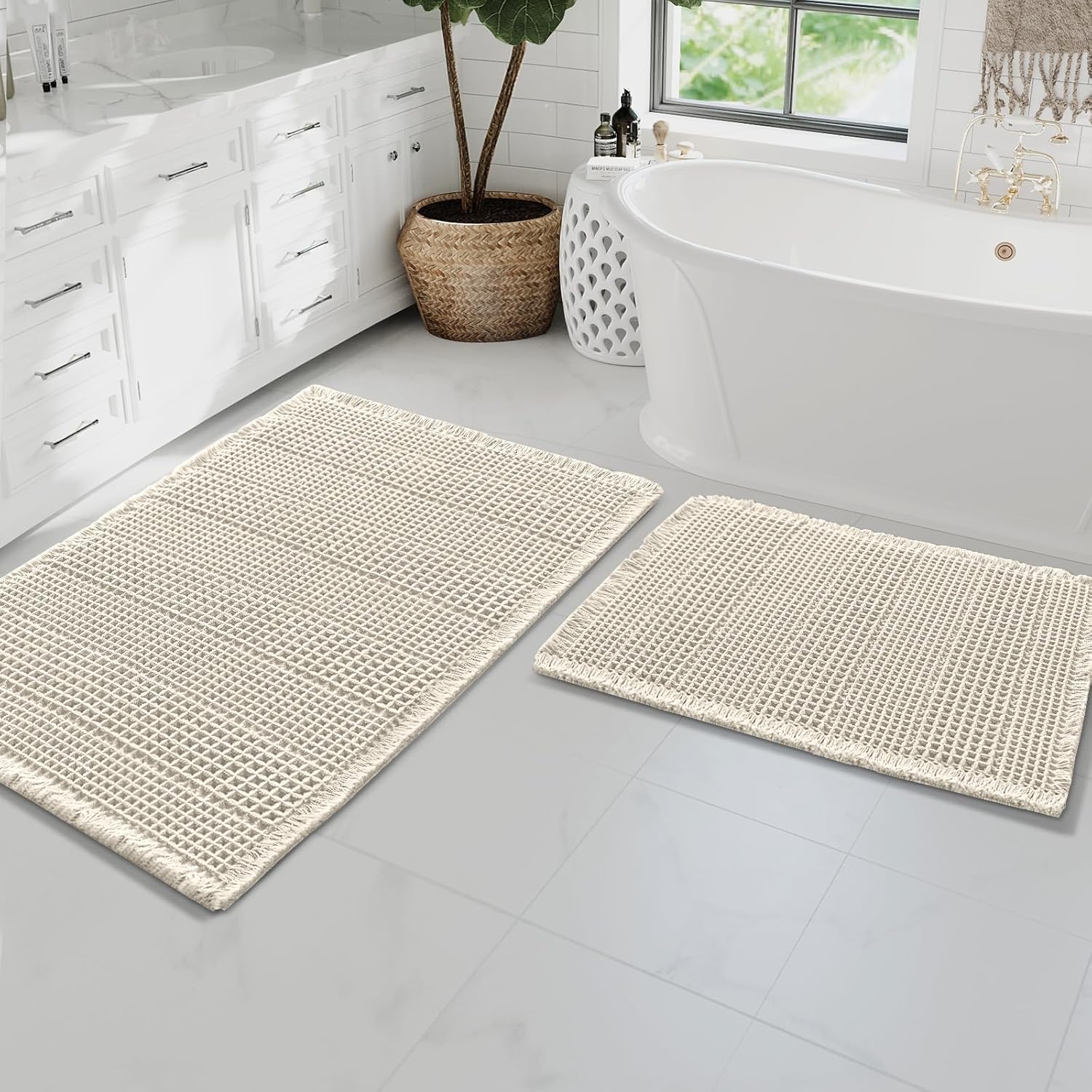 H.VERSAILTEX Waffle Bath Mat Super Absorbent Bathroom Mats Non Slip Bath Rugs for Bathroom Floor Machine Washable Ultra Soft Bathroom Rugs for Beside Tub, (32 x 20 Plus 24 x 60 - Inches, Irish Cream)