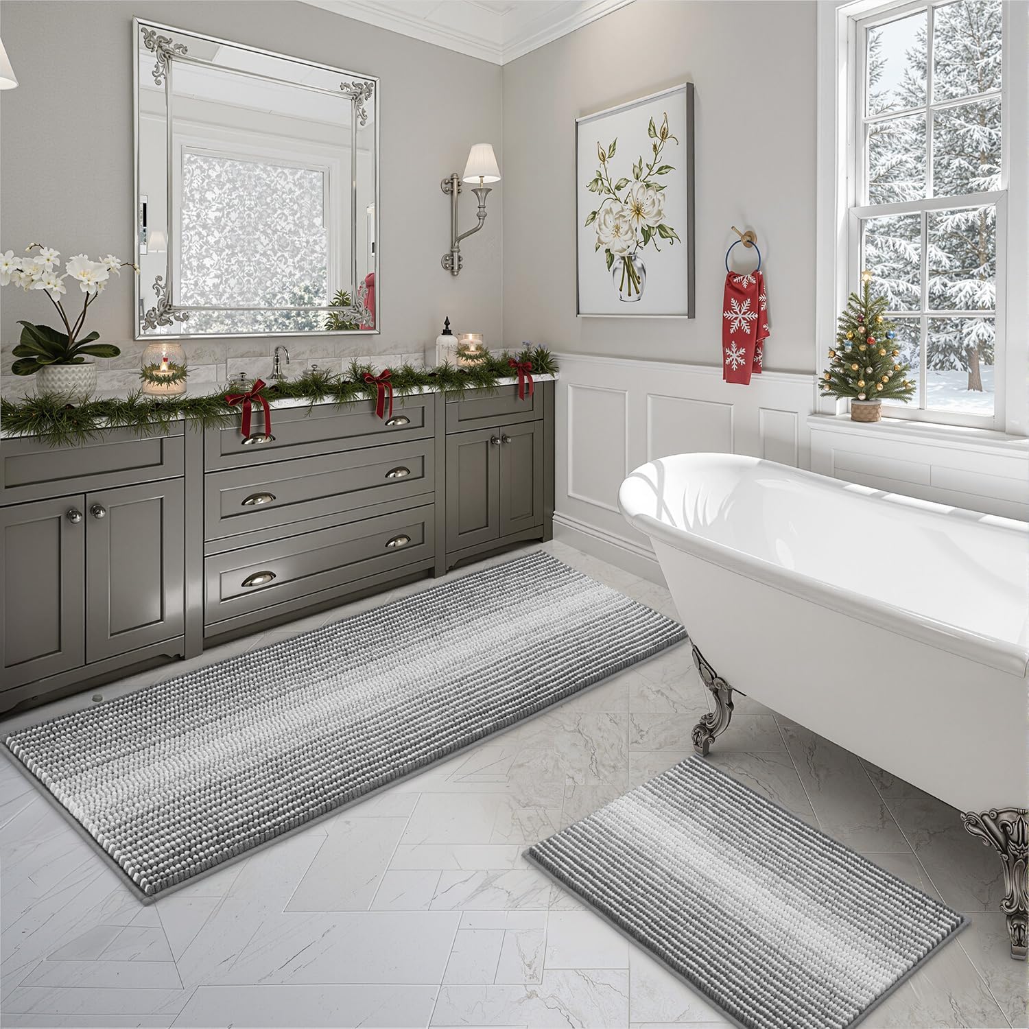 BSICPRO Bathroom Rugs and Mats Sets, 2 Piece Thick Absorbent Chenille Bath Mat Rug Set Non Slip, Soft Shaggy Bath Room Floor Mats for Bathroom, Machine Washable (Sage, 20" x 47" Plus 16" x 24")